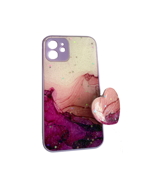 Husa Silicone iPhone 12 / iPhone 12 Pro cu Protectie Camera si Popsocket atasabil, Heart Purple Marble 3